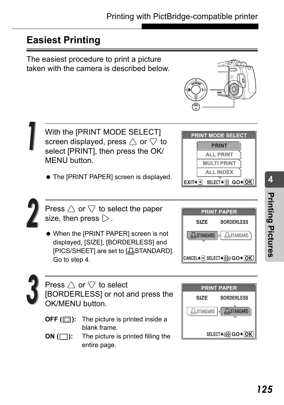 Easiest printing, Printing with pictbridge-compatible printer, Pr in ting pic tu res | Press or to select the paper size, then press | Olympus Stylus Verve User Manual | Page 125 / 192