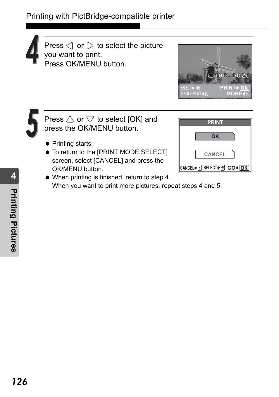 Printing with pictbridge-compatible printer, Pr in ting pic tu res | Olympus Stylus Verve User Manual | Page 126 / 192