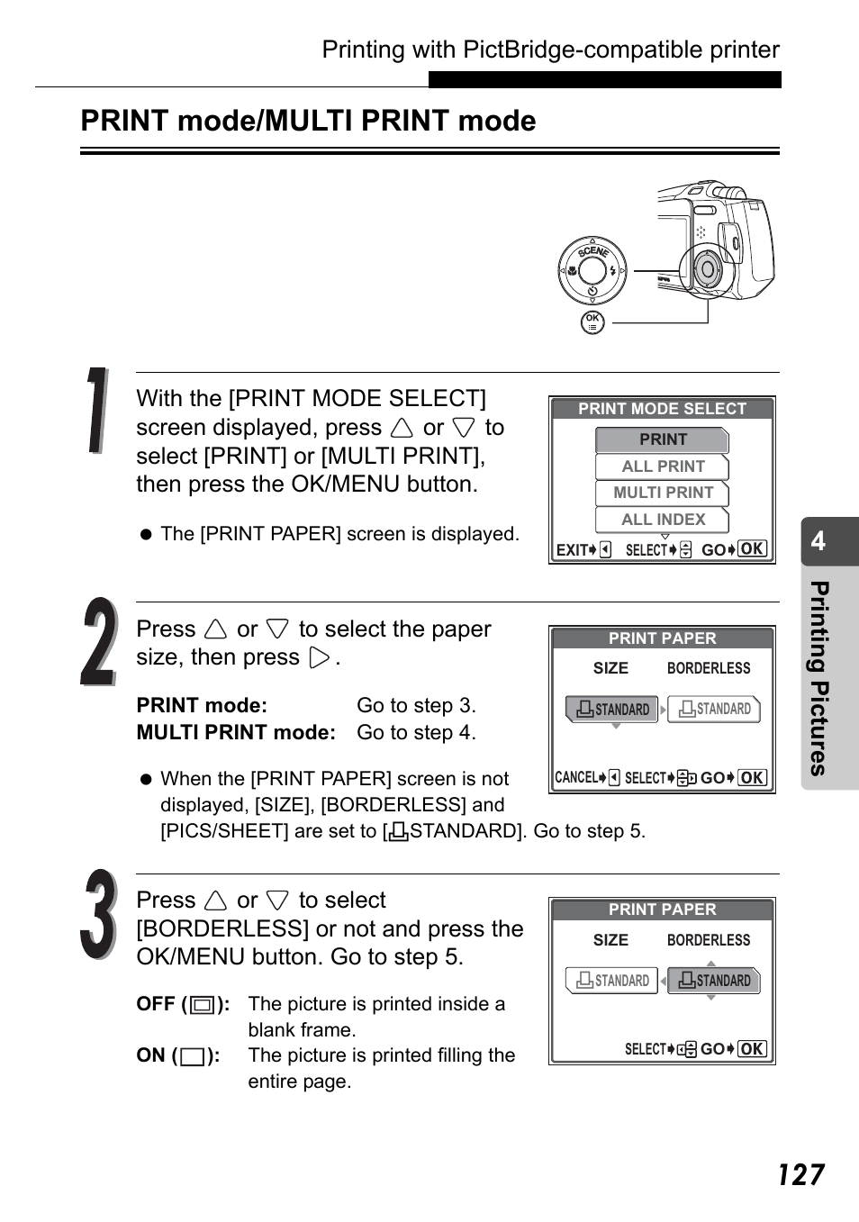 Print mode/multi print mode, Print mode/multi print mode” (p.127), Printing with pictbridge-compatible printer | Pr in ting pic tu res, Press or to select the paper size, then press | Olympus Stylus Verve User Manual | Page 127 / 192