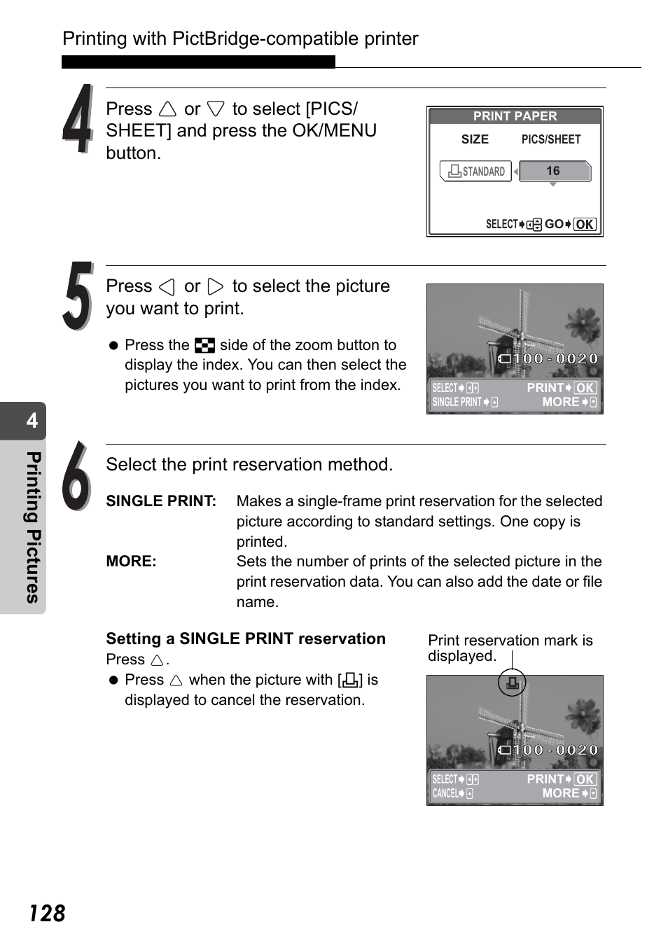 Printing with pictbridge-compatible printer, Pr in ting pic tu res, Select the print reservation method | Olympus Stylus Verve User Manual | Page 128 / 192