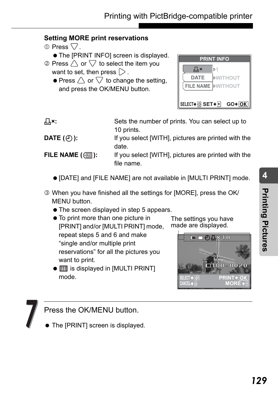 Printing with pictbridge-compatible printer, Pr in ting pic tu res, Press the ok/menu button | Olympus Stylus Verve User Manual | Page 129 / 192
