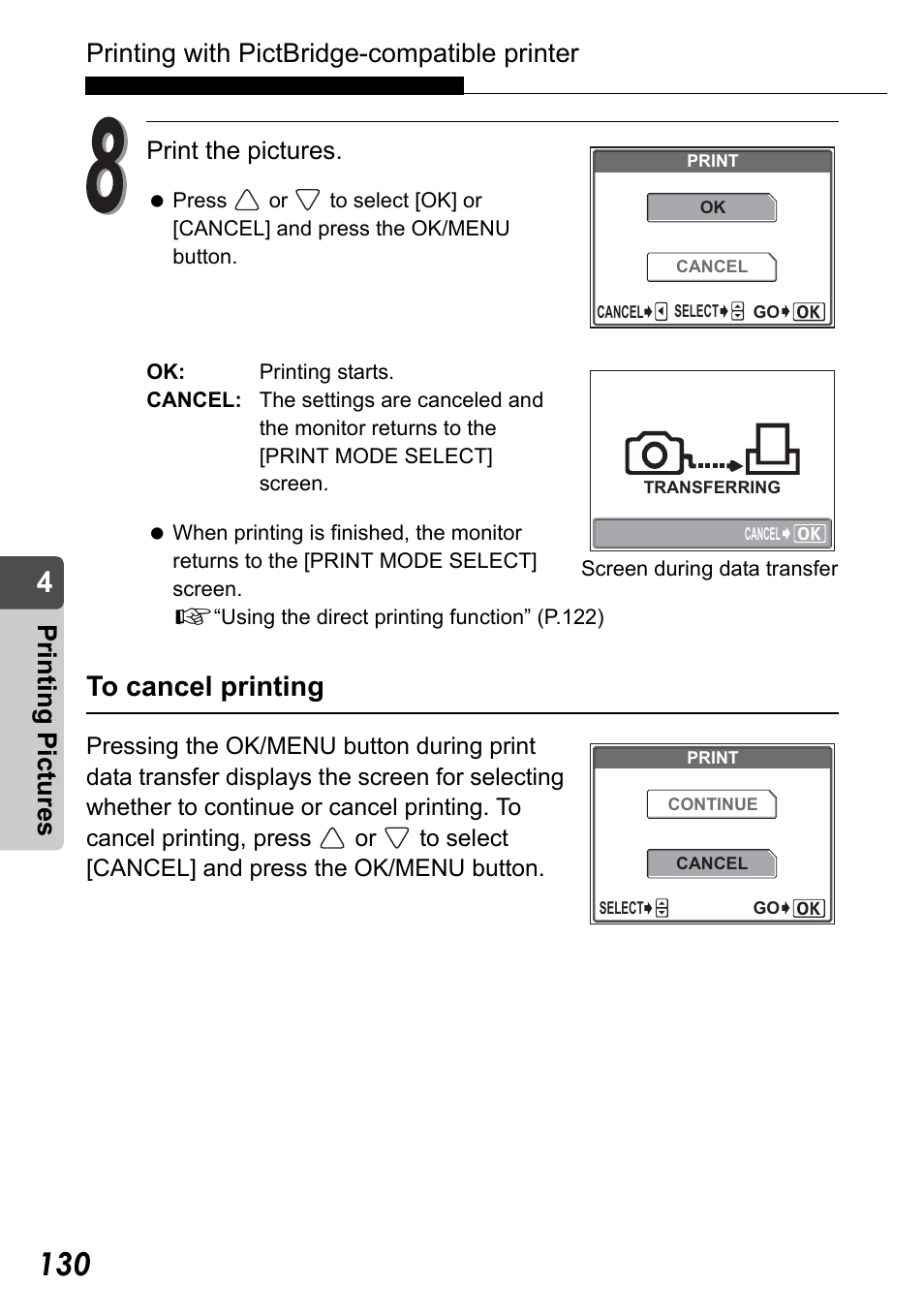 Printing with pictbridge-compatible printer, Pr in ting pic tu res | Olympus Stylus Verve User Manual | Page 130 / 192
