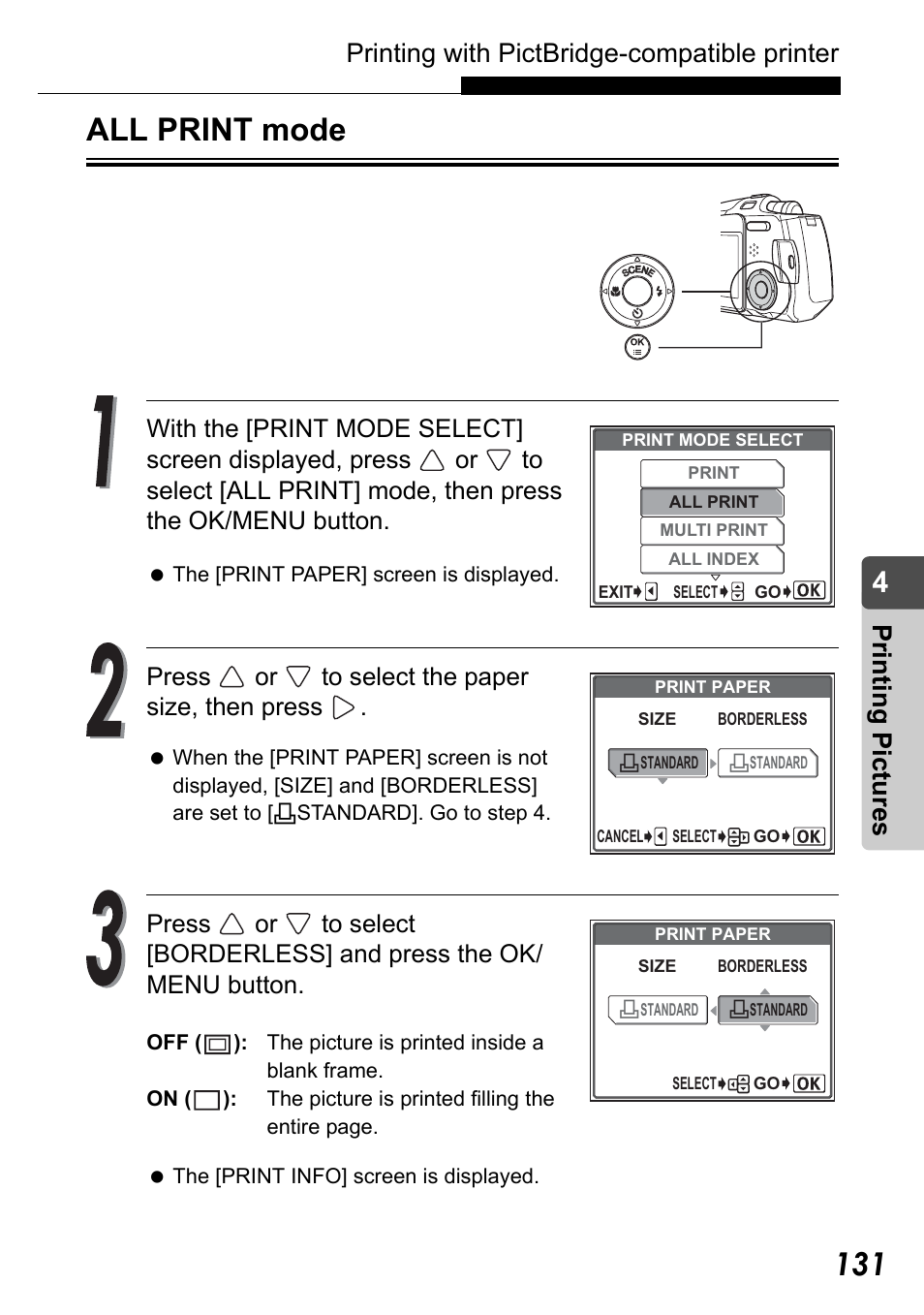 All print mode, All print mode” (p.131), Printing with pictbridge-compatible printer | Pr in ting pic tu res, Press or to select the paper size, then press | Olympus Stylus Verve User Manual | Page 131 / 192