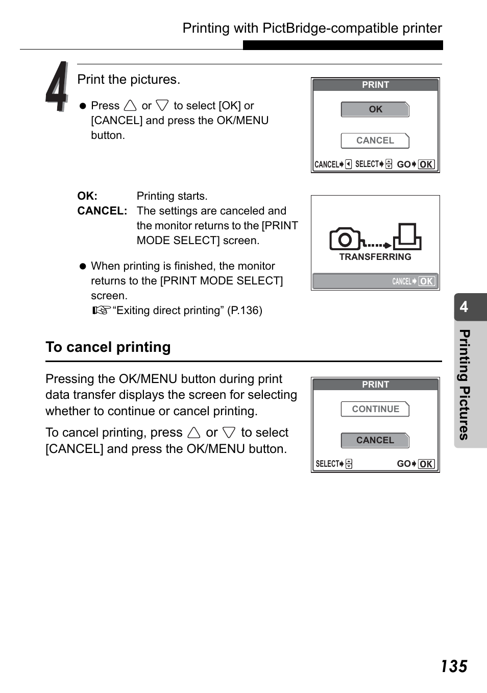 Printing with pictbridge-compatible printer, Pr in ting pic tu res | Olympus Stylus Verve User Manual | Page 135 / 192