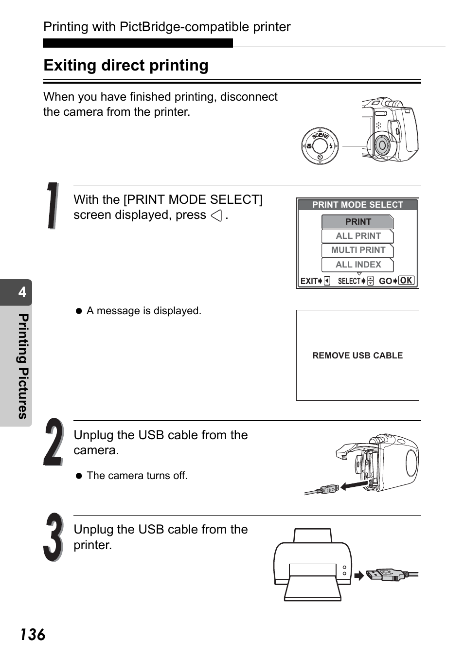 Exiting direct printing, Printing with pictbridge-compatible printer, Pr in ting pic tu res | Olympus Stylus Verve User Manual | Page 136 / 192