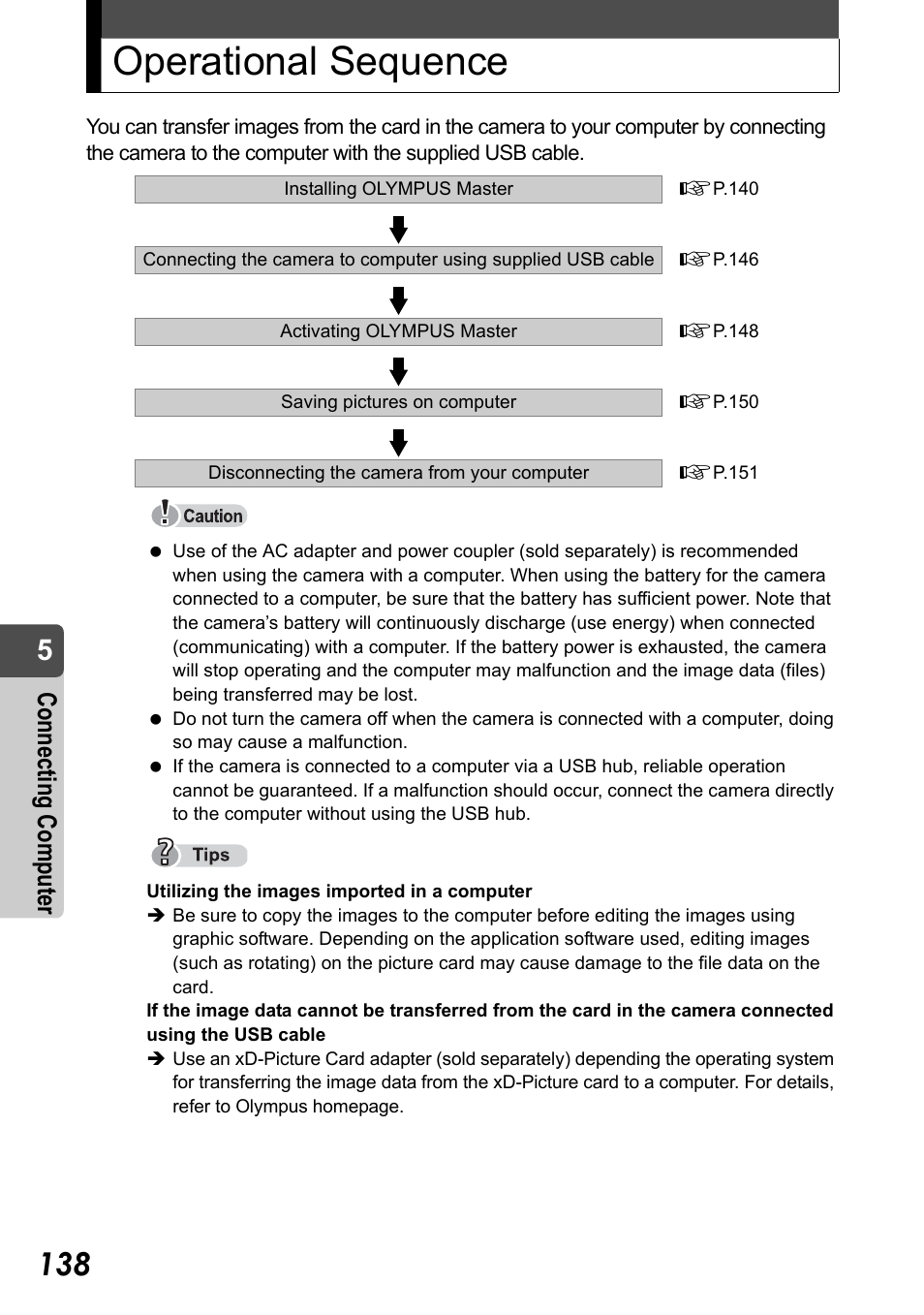 Operational sequence, Conn ec ting co mput er | Olympus Stylus Verve User Manual | Page 138 / 192