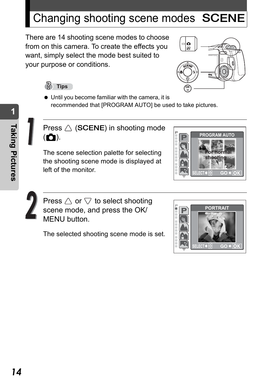 Changing shooting scene modes, Changing shooting scene modes l, Taking pict ure s | Olympus Stylus Verve User Manual | Page 14 / 192