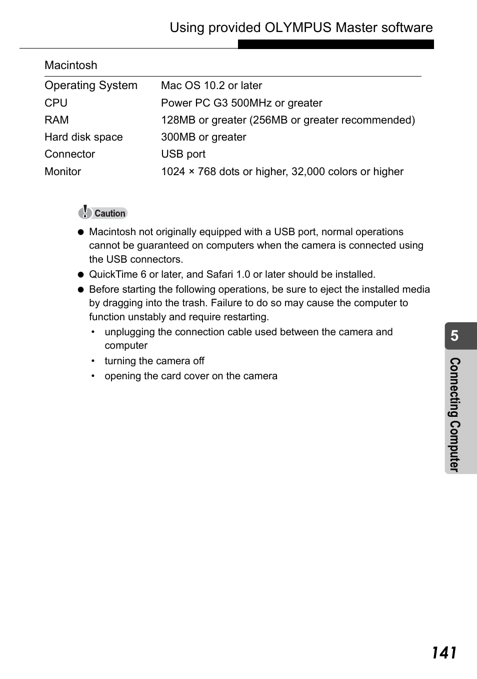 Using provided olympus master software, Conn ec ting co mput er | Olympus Stylus Verve User Manual | Page 141 / 192
