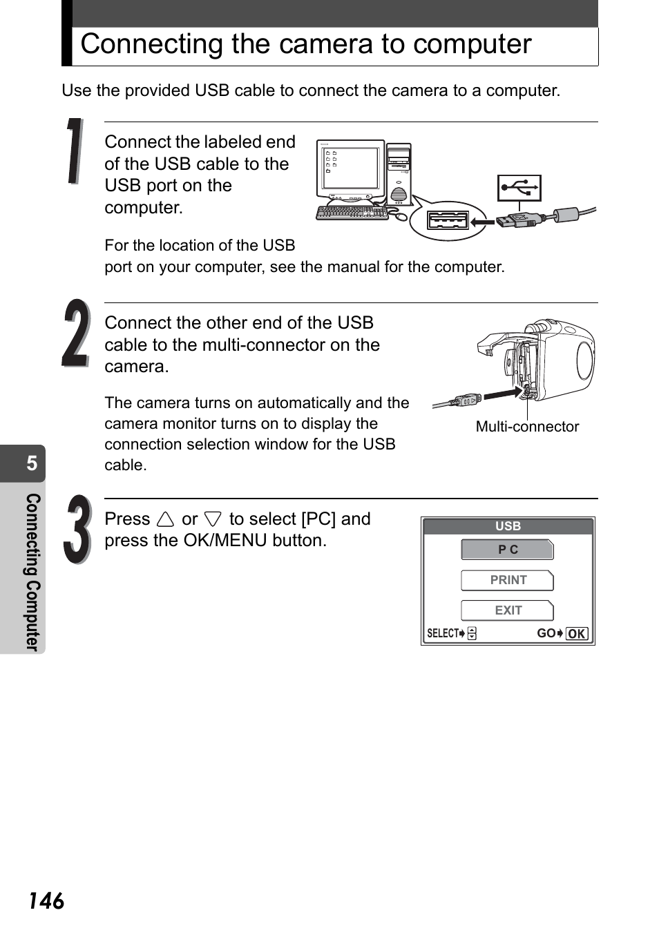 Connecting the camera to computer, P.146 | Olympus Stylus Verve User Manual | Page 146 / 192