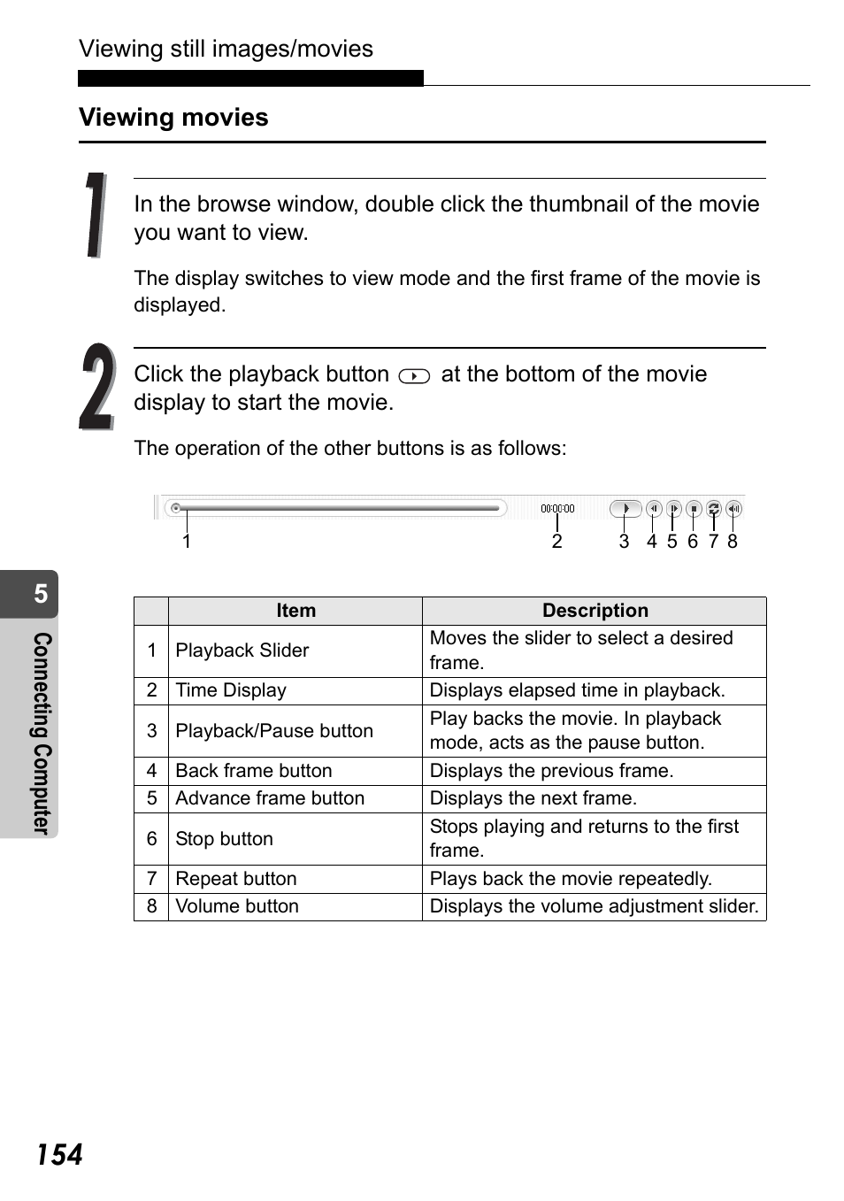 Viewing movies, Viewing still images/movies, Conn ec ting co mput er | Olympus Stylus Verve User Manual | Page 154 / 192