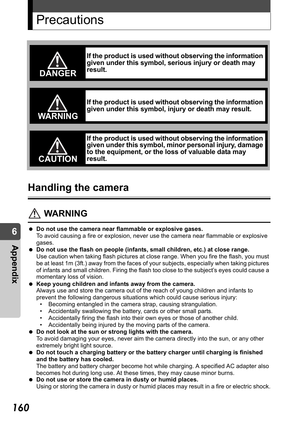 Precautions, Handling the camera, Warning | Appe ndix, Danger, Caution | Olympus Stylus Verve User Manual | Page 160 / 192