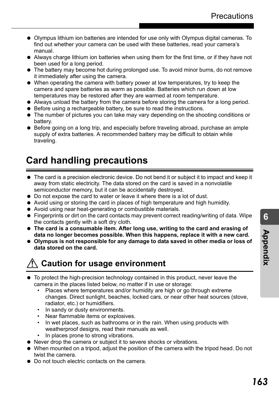 Card handling precautions, Caution for usage environment, Precautions | Appe ndix | Olympus Stylus Verve User Manual | Page 163 / 192