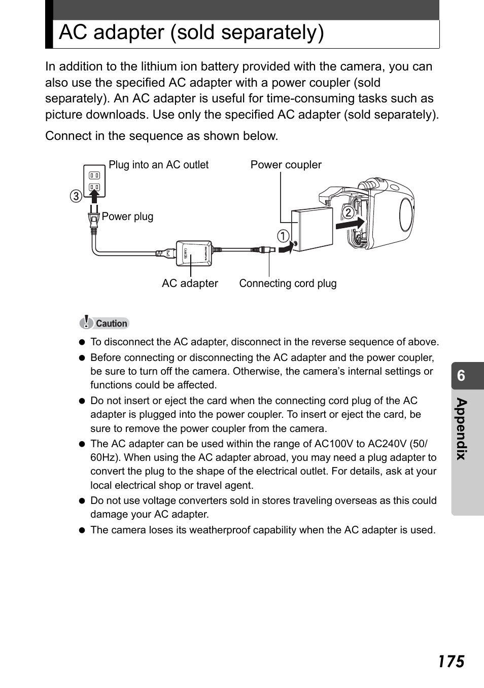 Ac adapter (sold separately), Appe ndix | Olympus Stylus Verve User Manual | Page 175 / 192