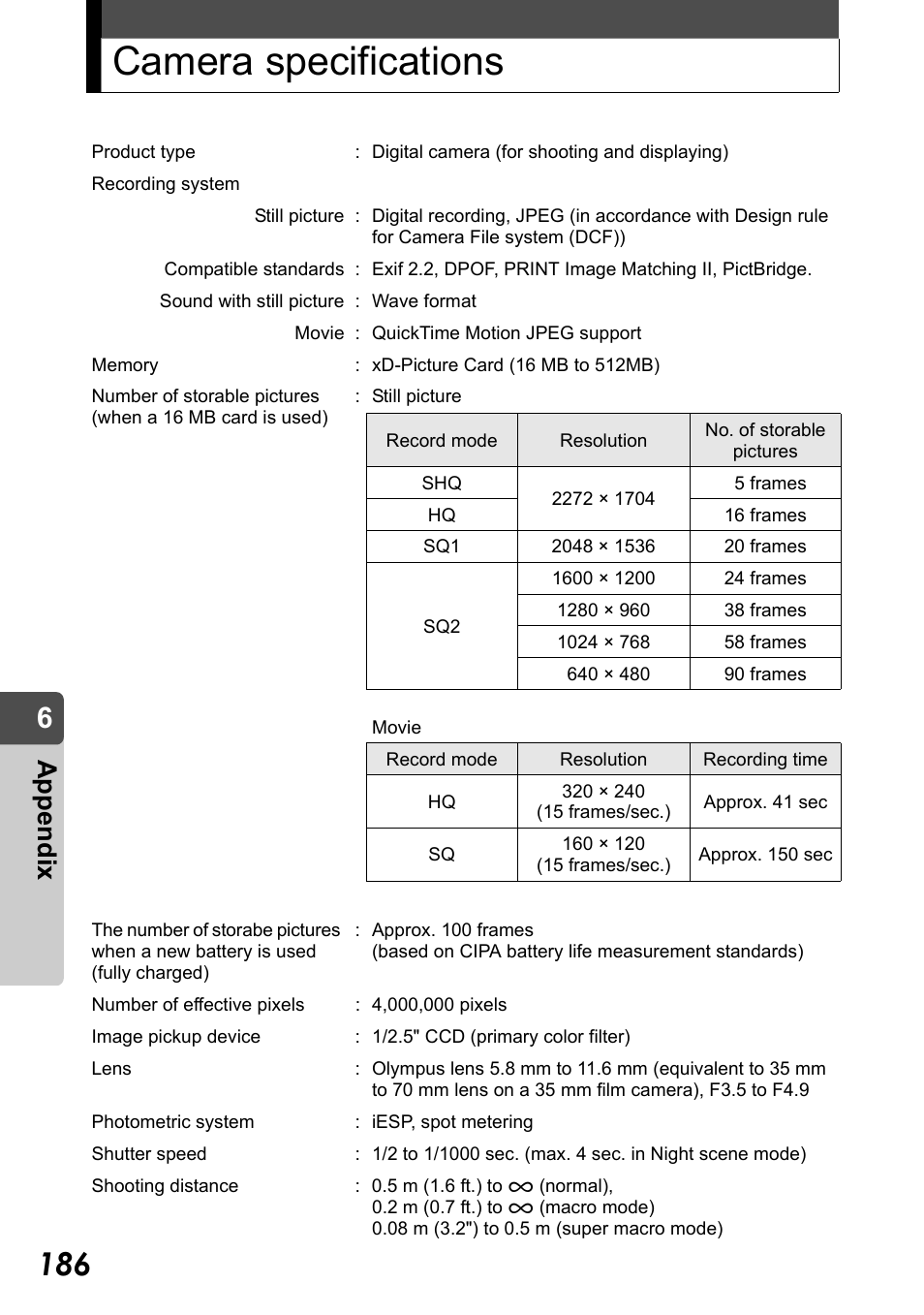 Camera specifications, Appe ndix | Olympus Stylus Verve User Manual | Page 186 / 192