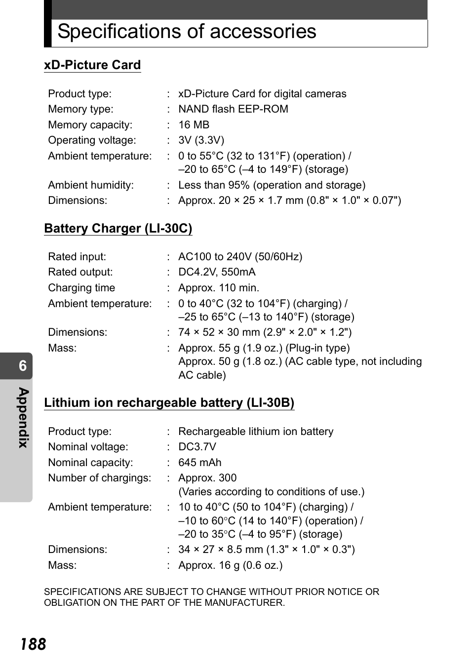 Specifications of accessories, Appe ndix | Olympus Stylus Verve User Manual | Page 188 / 192