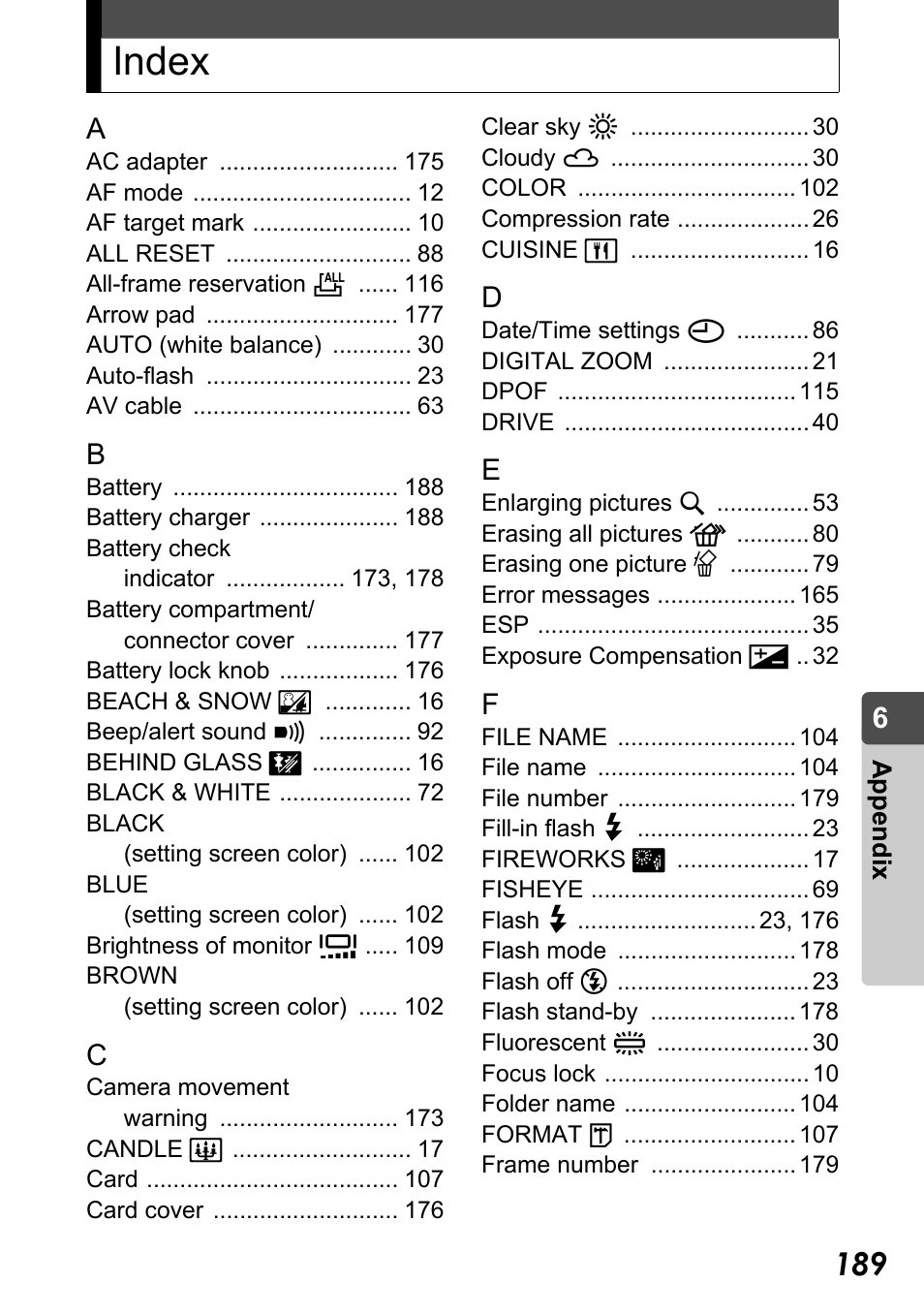 Index | Olympus Stylus Verve User Manual | Page 189 / 192