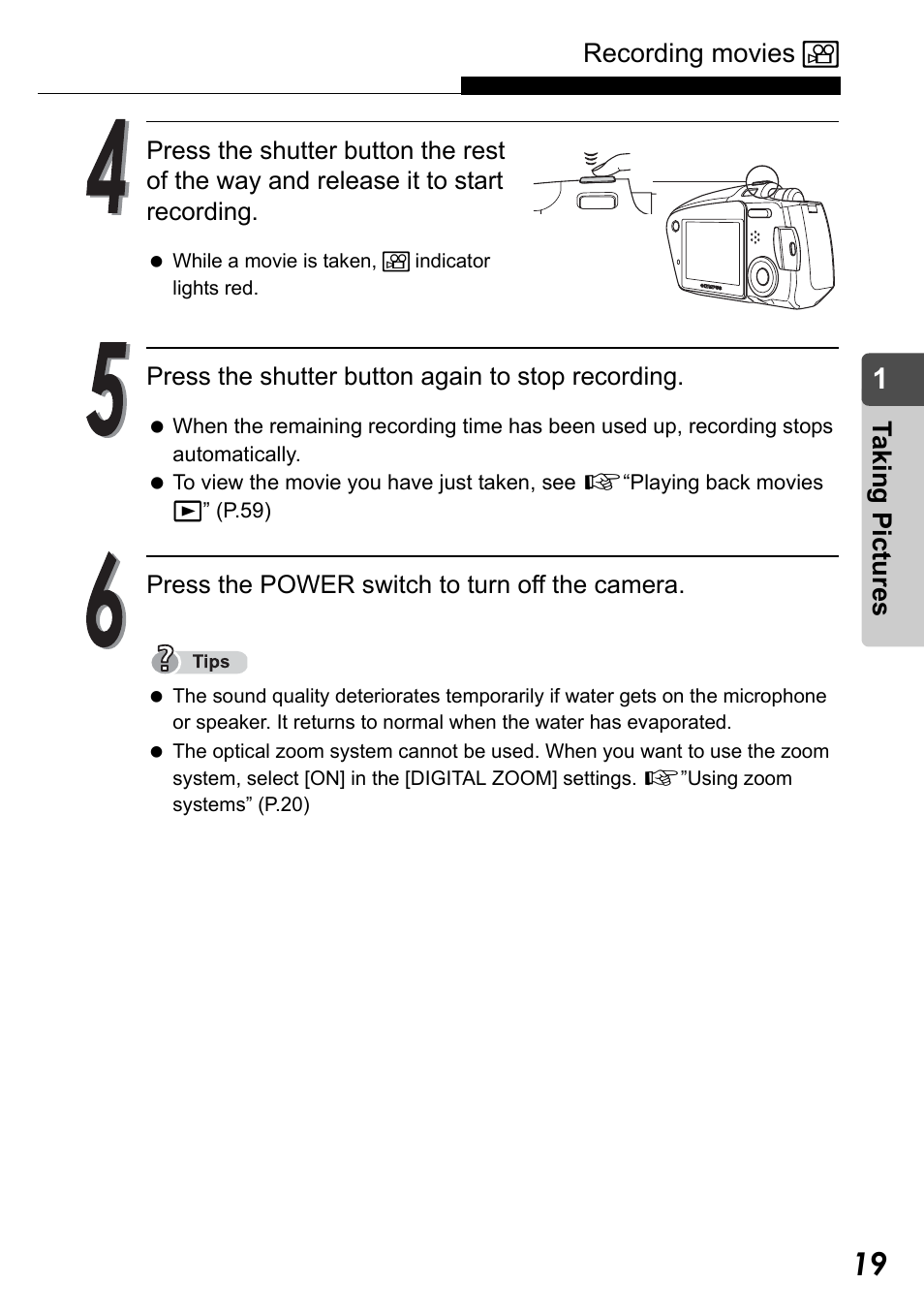 Recording movies n, Taking pict ure s | Olympus Stylus Verve User Manual | Page 19 / 192