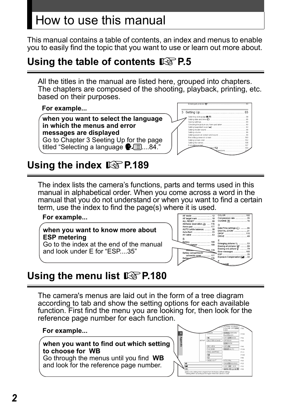 How to use this manual, Using the table of contents g p.5, Using the index g p.189 | Using the menu list g p.180 | Olympus Stylus Verve User Manual | Page 2 / 192