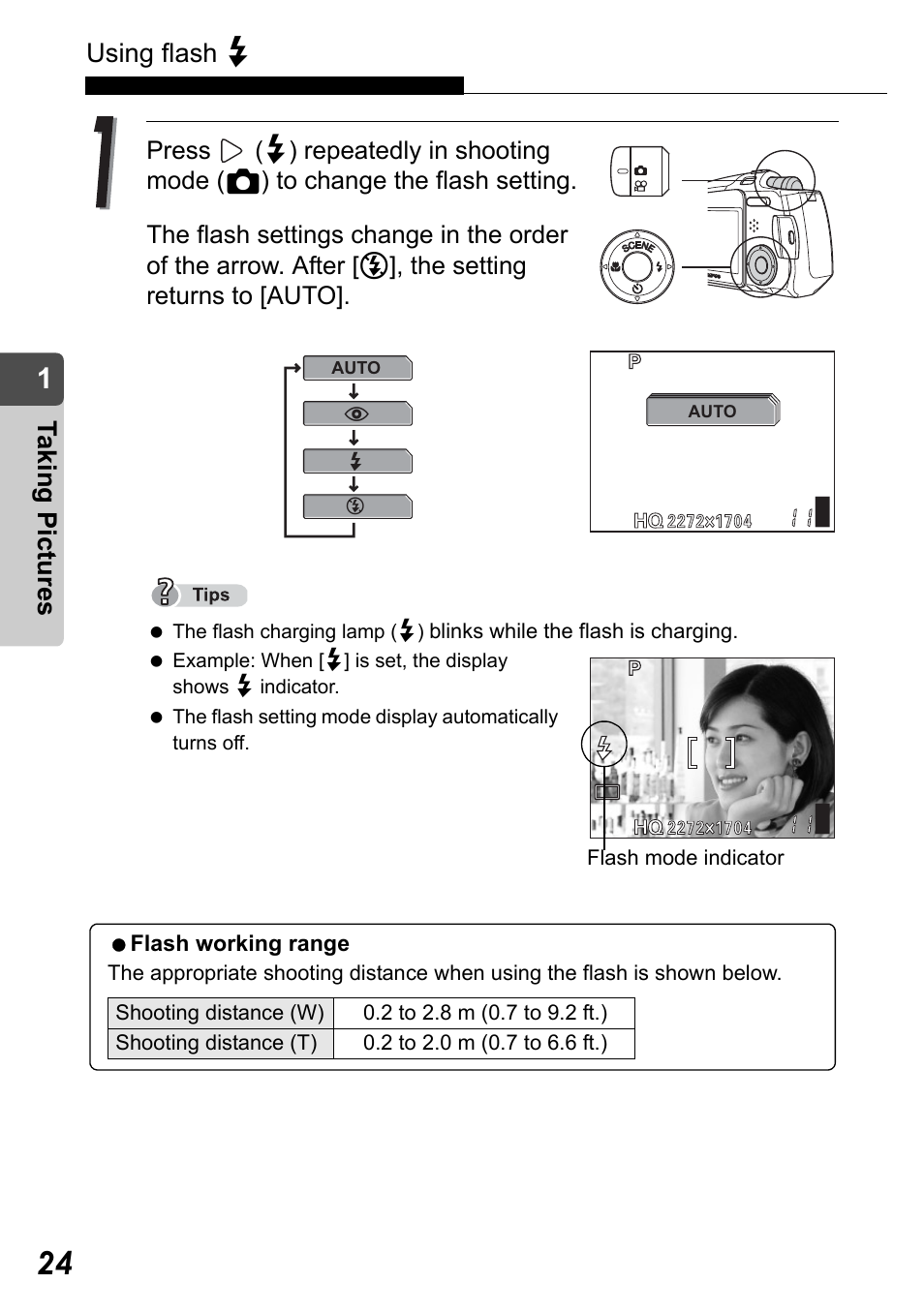 Using flash, Taking pict ure s | Olympus Stylus Verve User Manual | Page 24 / 192