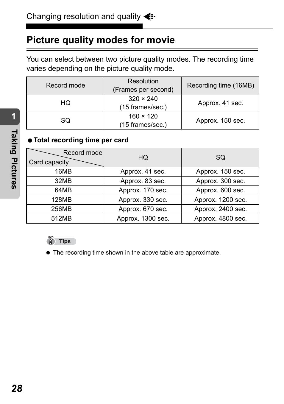 Picture quality modes for movie, Changing resolution and quality k, Taking pict ure s | Olympus Stylus Verve User Manual | Page 28 / 192