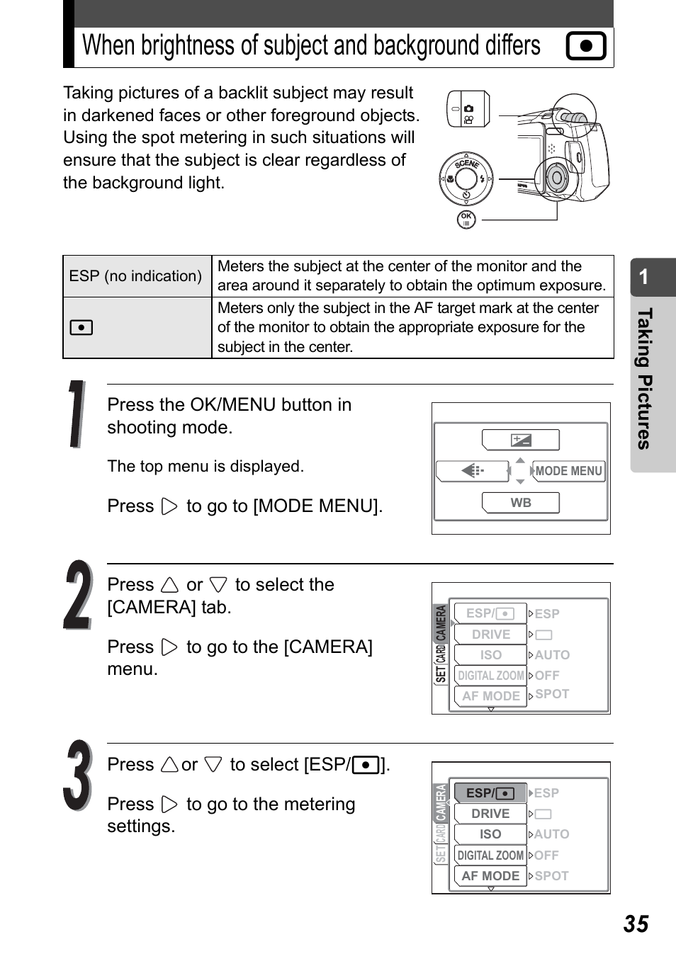 When brightness of subject and background differs, Taking pict ure s, Press the ok/menu button in shooting mode | Olympus Stylus Verve User Manual | Page 35 / 192