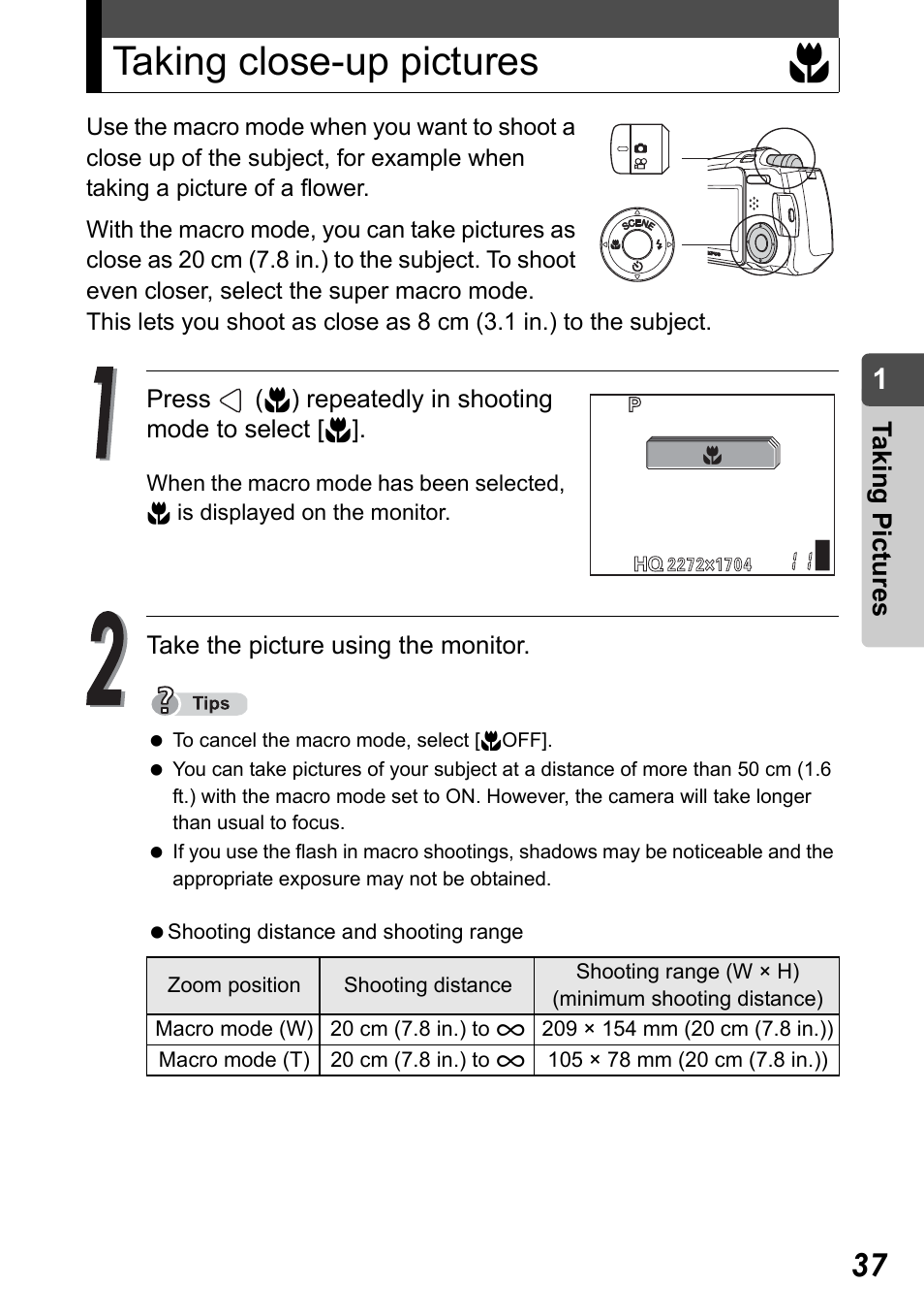 Taking close-up pictures | Olympus Stylus Verve User Manual | Page 37 / 192