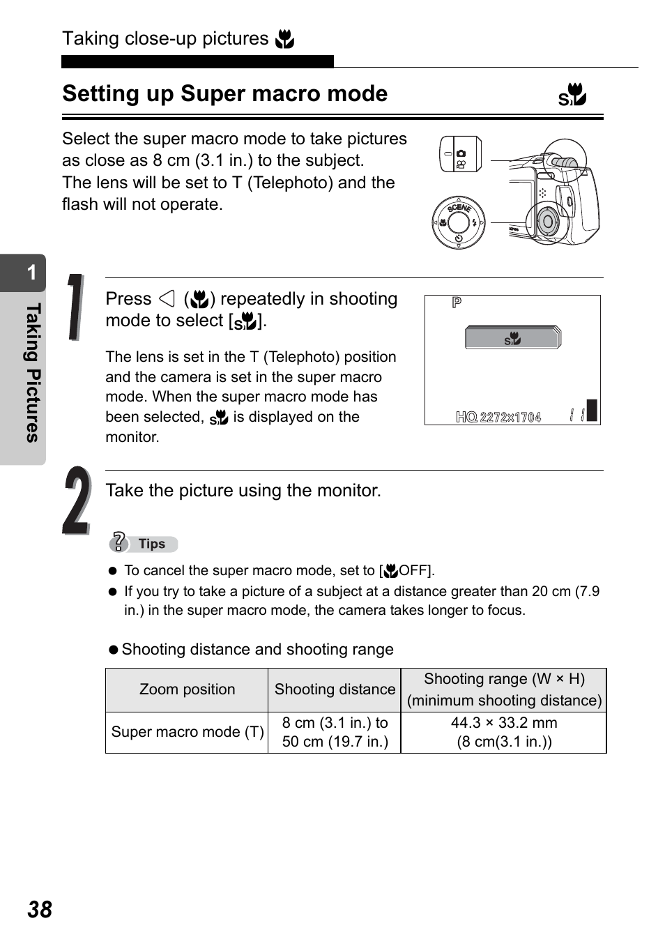 Setting up super macro mode | Olympus Stylus Verve User Manual | Page 38 / 192