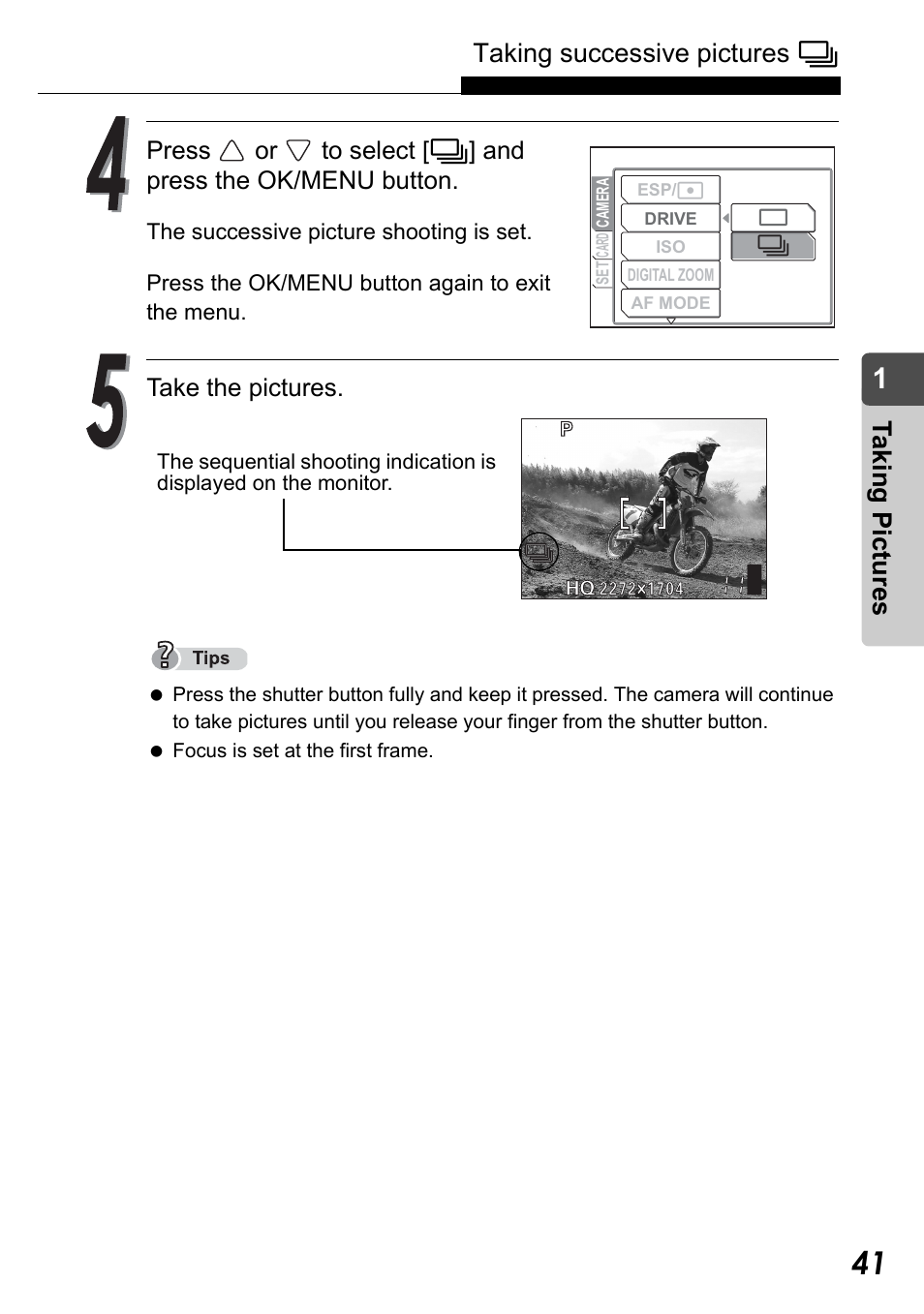 Taking successive pictures j, Taking pict ure s | Olympus Stylus Verve User Manual | Page 41 / 192