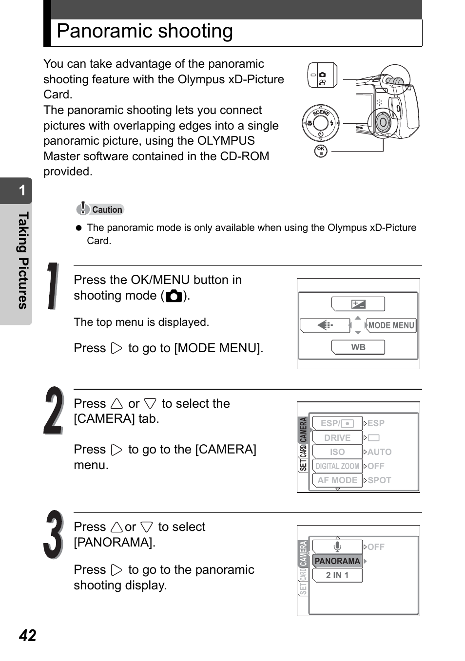 Panoramic shooting, Taking pict ure s | Olympus Stylus Verve User Manual | Page 42 / 192