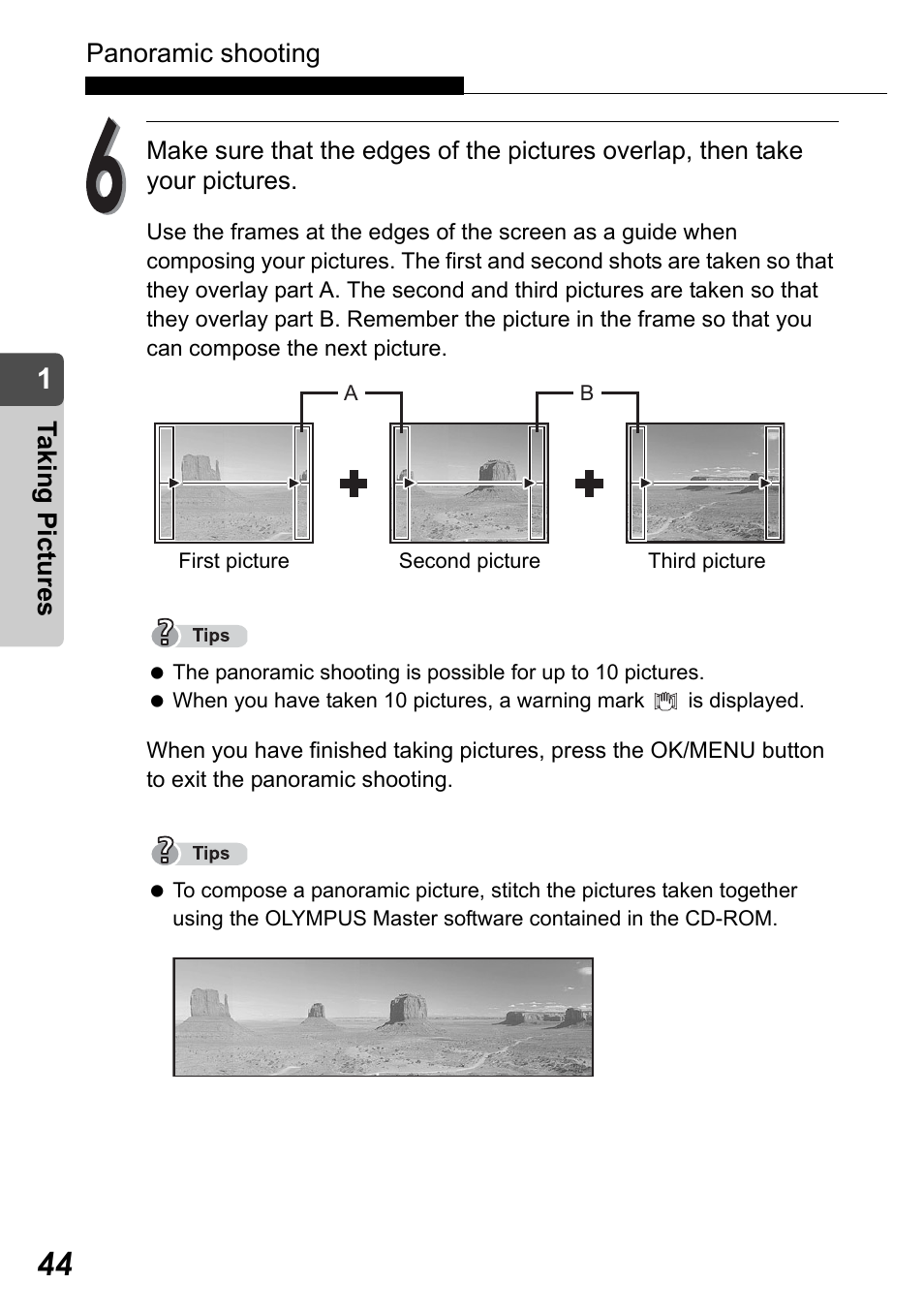 Panoramic shooting, Taking pict ure s | Olympus Stylus Verve User Manual | Page 44 / 192