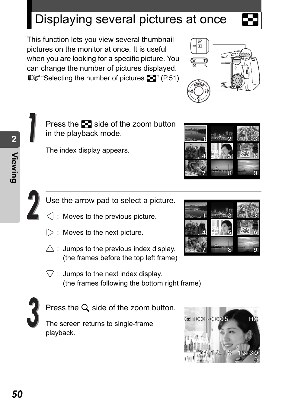 Displaying several pictures at once, Displaying several pictures at once g, Vi e w in g | Olympus Stylus Verve User Manual | Page 50 / 192