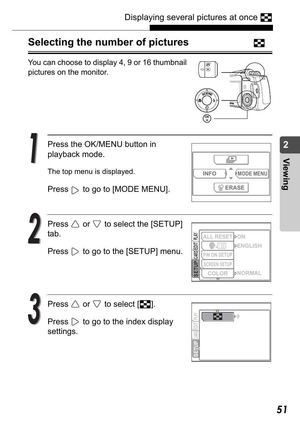 Selecting the number of pictures, Selecting the number of pictures g, Displaying several pictures at once g | Vi e w in g | Olympus Stylus Verve User Manual | Page 51 / 192