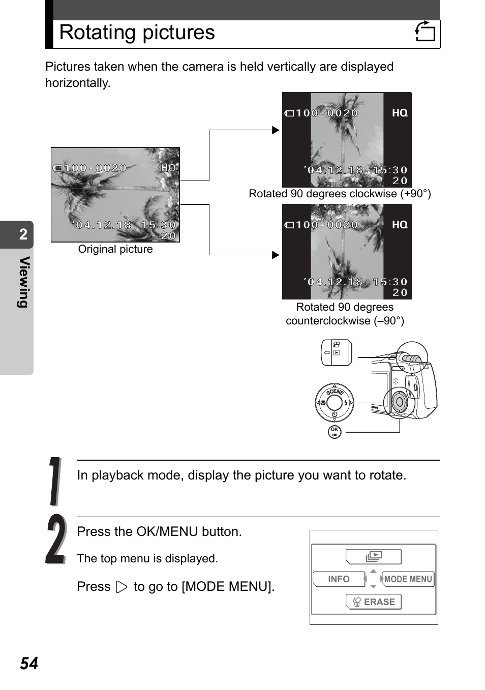 Rotating pictures, Rotating pictures y, Vi e w in g | Olympus Stylus Verve User Manual | Page 54 / 192