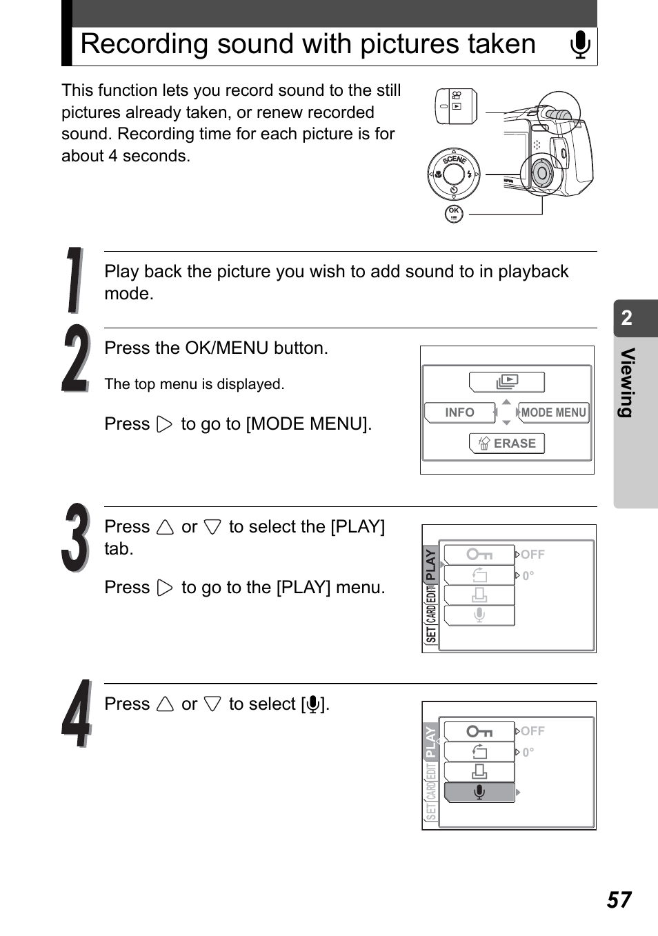 Recording sound with pictures taken, Recording sound with pictures taken r, Vi e w in g | Olympus Stylus Verve User Manual | Page 57 / 192