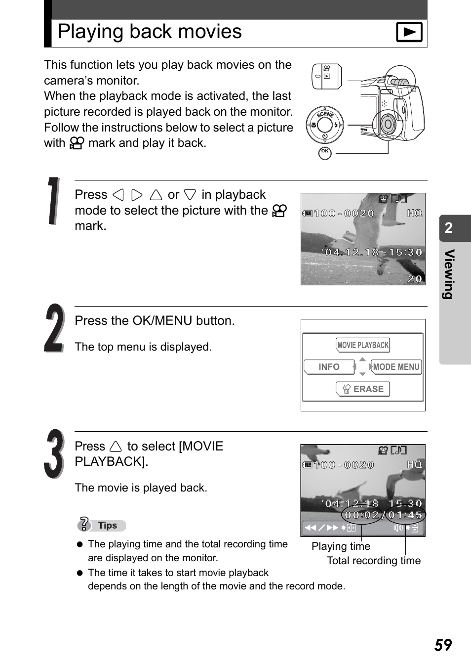 Playing back movies, P.59), Playing back movies q | Vi e w in g | Olympus Stylus Verve User Manual | Page 59 / 192