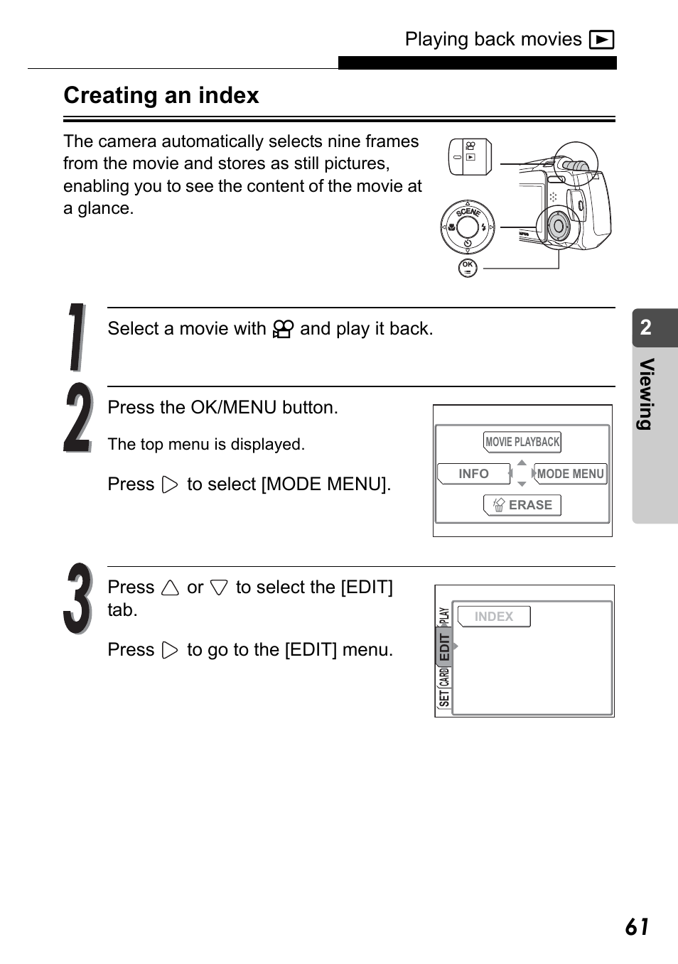 Creating an index, Playing back movies q, Vi e w in g | Olympus Stylus Verve User Manual | Page 61 / 192