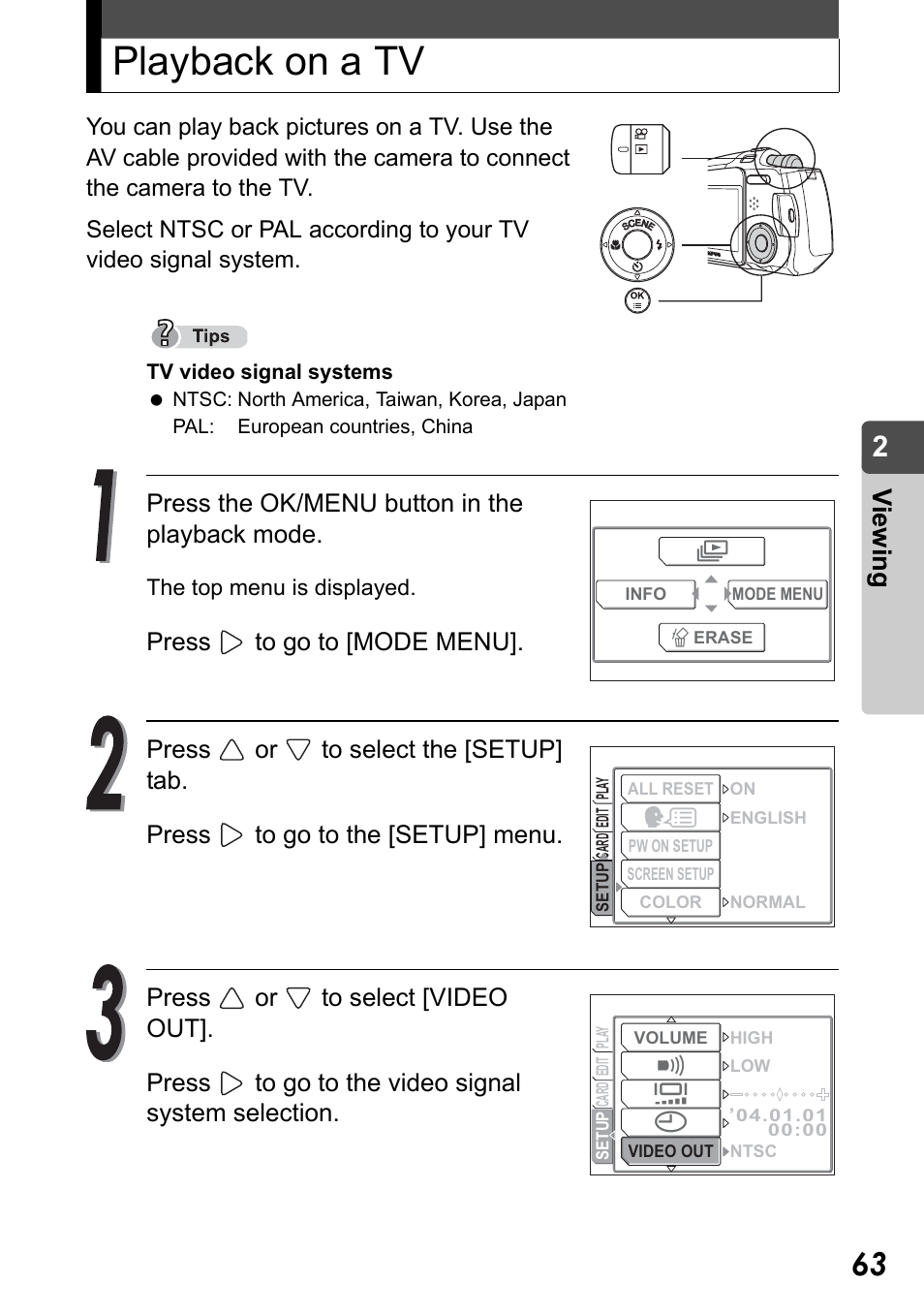 Playback on a tv, Vi e w in g, Press the ok/menu button in the playback mode | Olympus Stylus Verve User Manual | Page 63 / 192