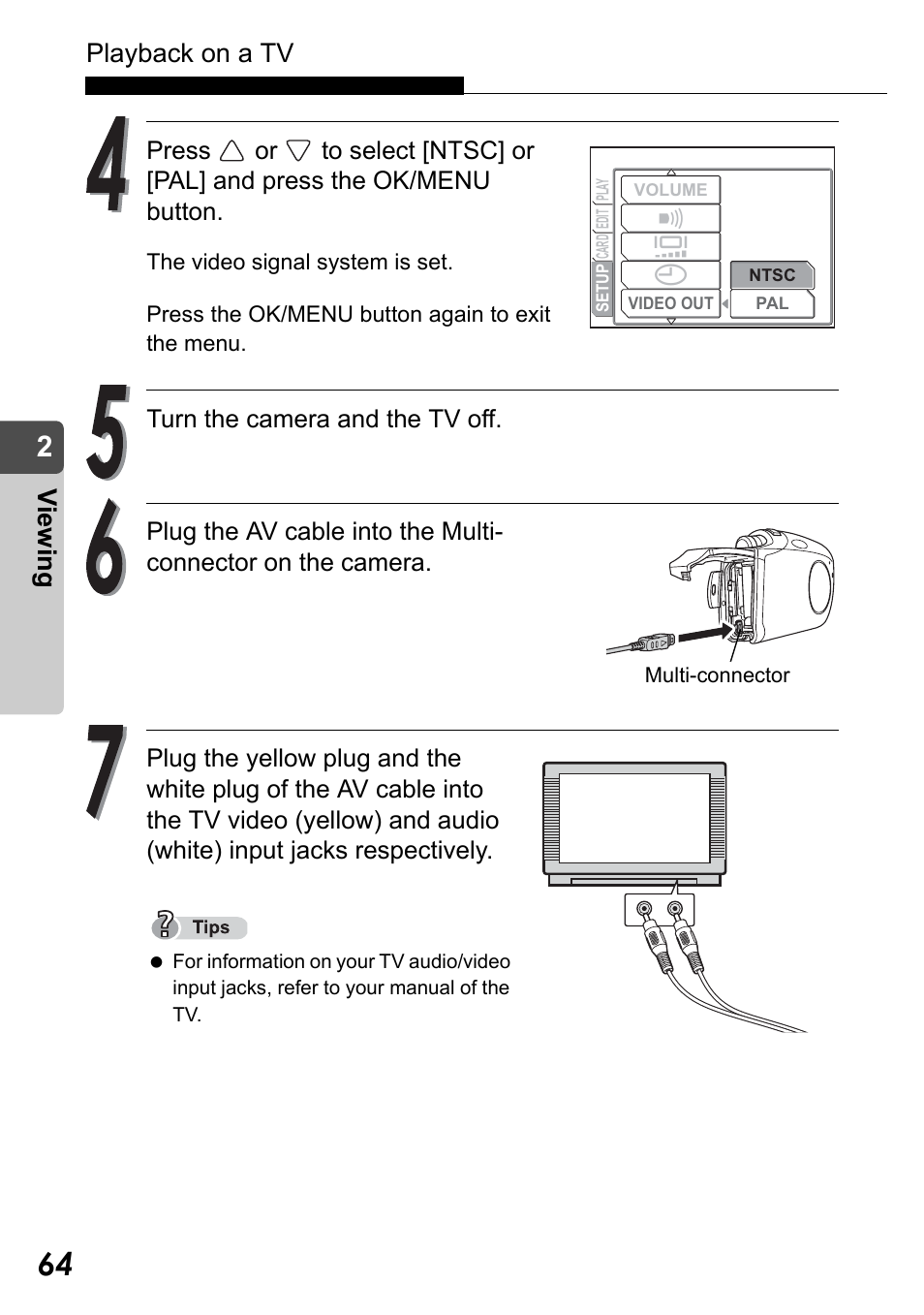 Playback on a tv, Vi e w in g | Olympus Stylus Verve User Manual | Page 64 / 192