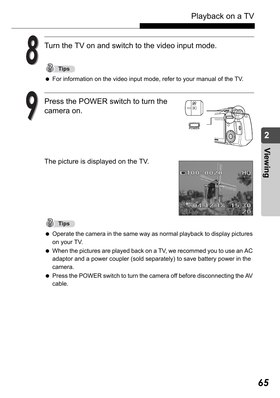 Playback on a tv, Vi e w in g | Olympus Stylus Verve User Manual | Page 65 / 192