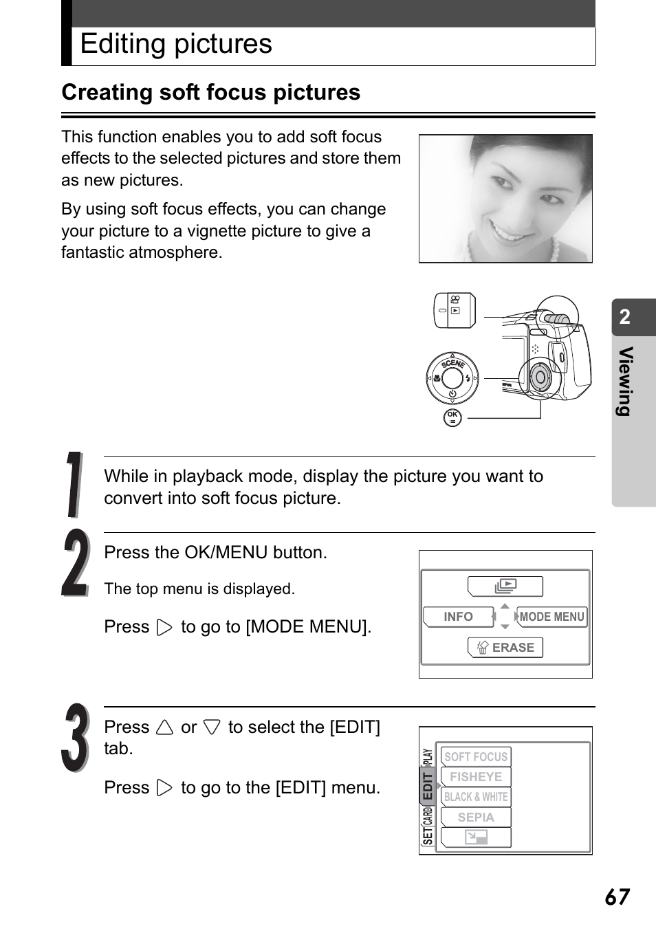 Editing pictures, Creating soft focus pictures, Vi e w in g | Olympus Stylus Verve User Manual | Page 67 / 192