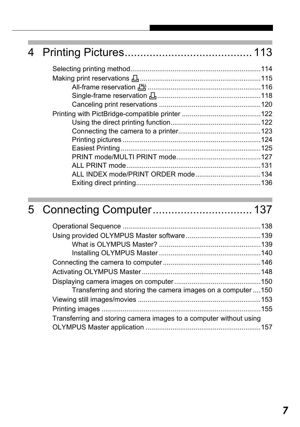 4 printing pictures, 5 connecting computer | Olympus Stylus Verve User Manual | Page 7 / 192