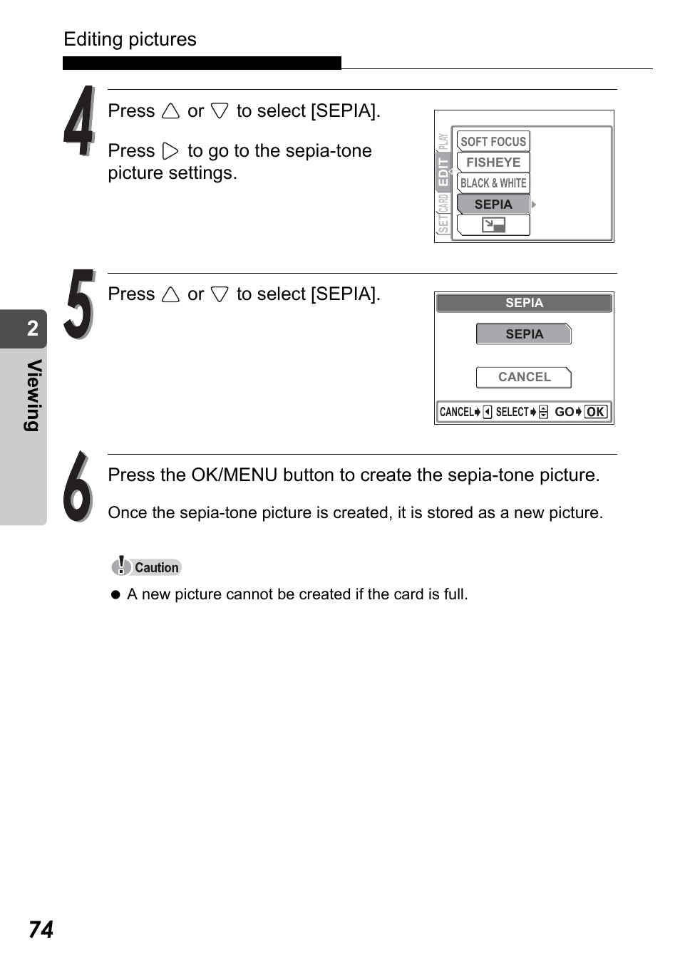 Editing pictures, Vi e w in g | Olympus Stylus Verve User Manual | Page 74 / 192