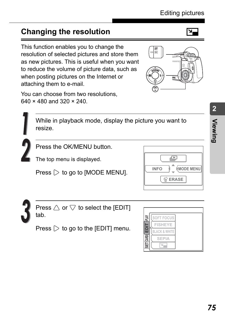 Changing the resolution, Changing the resolution q, Editing pictures | Vi e w in g | Olympus Stylus Verve User Manual | Page 75 / 192
