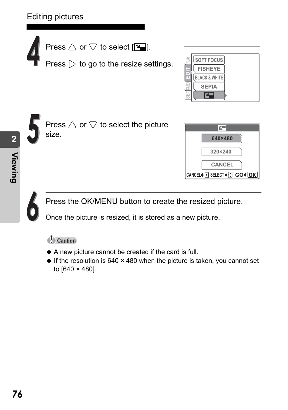 Editing pictures, Vi e w in g | Olympus Stylus Verve User Manual | Page 76 / 192