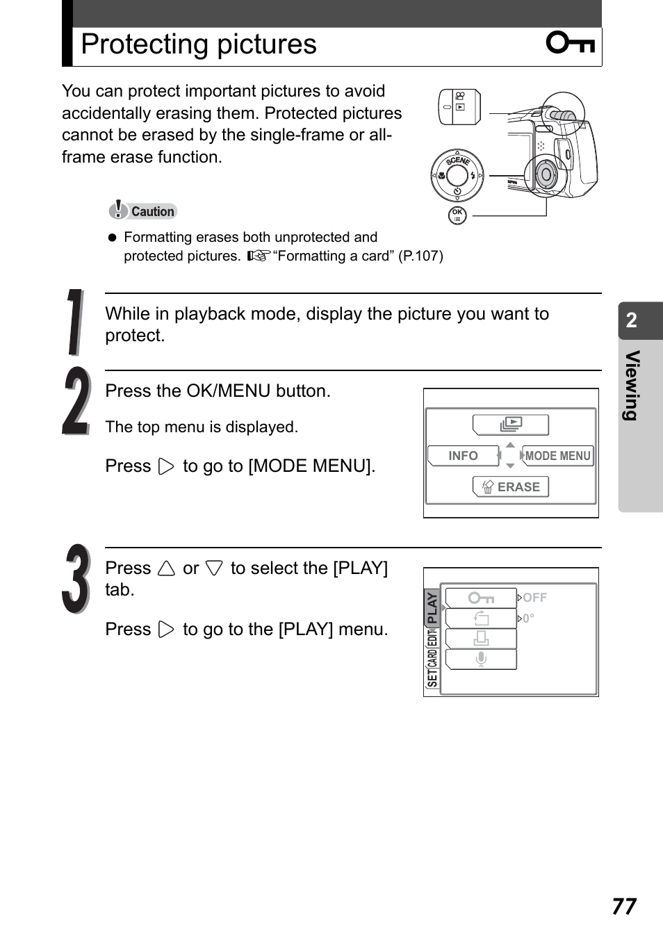 Protecting pictures, Protecting pictures 0, Vi e w in g | Olympus Stylus Verve User Manual | Page 77 / 192