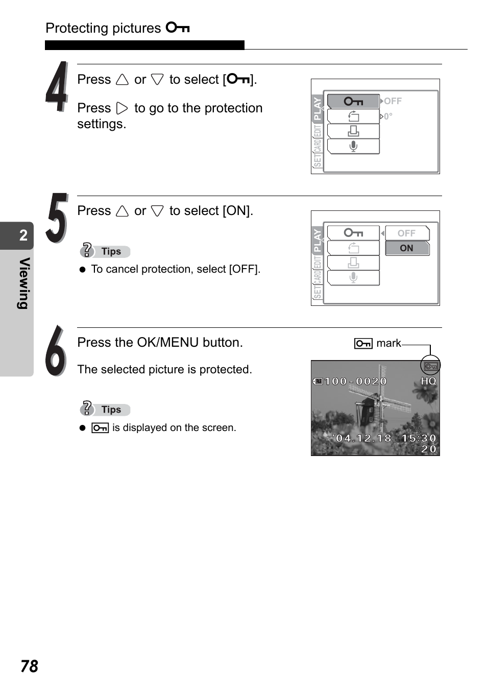 Protecting pictures 0, Vi e w in g | Olympus Stylus Verve User Manual | Page 78 / 192