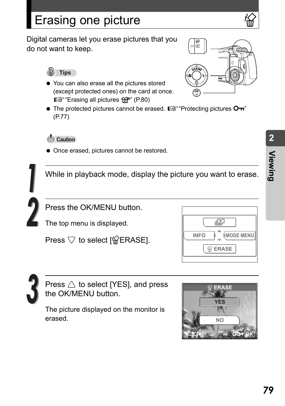 Erasing one picture, Erasing one picture s, Vi e w in g | Olympus Stylus Verve User Manual | Page 79 / 192