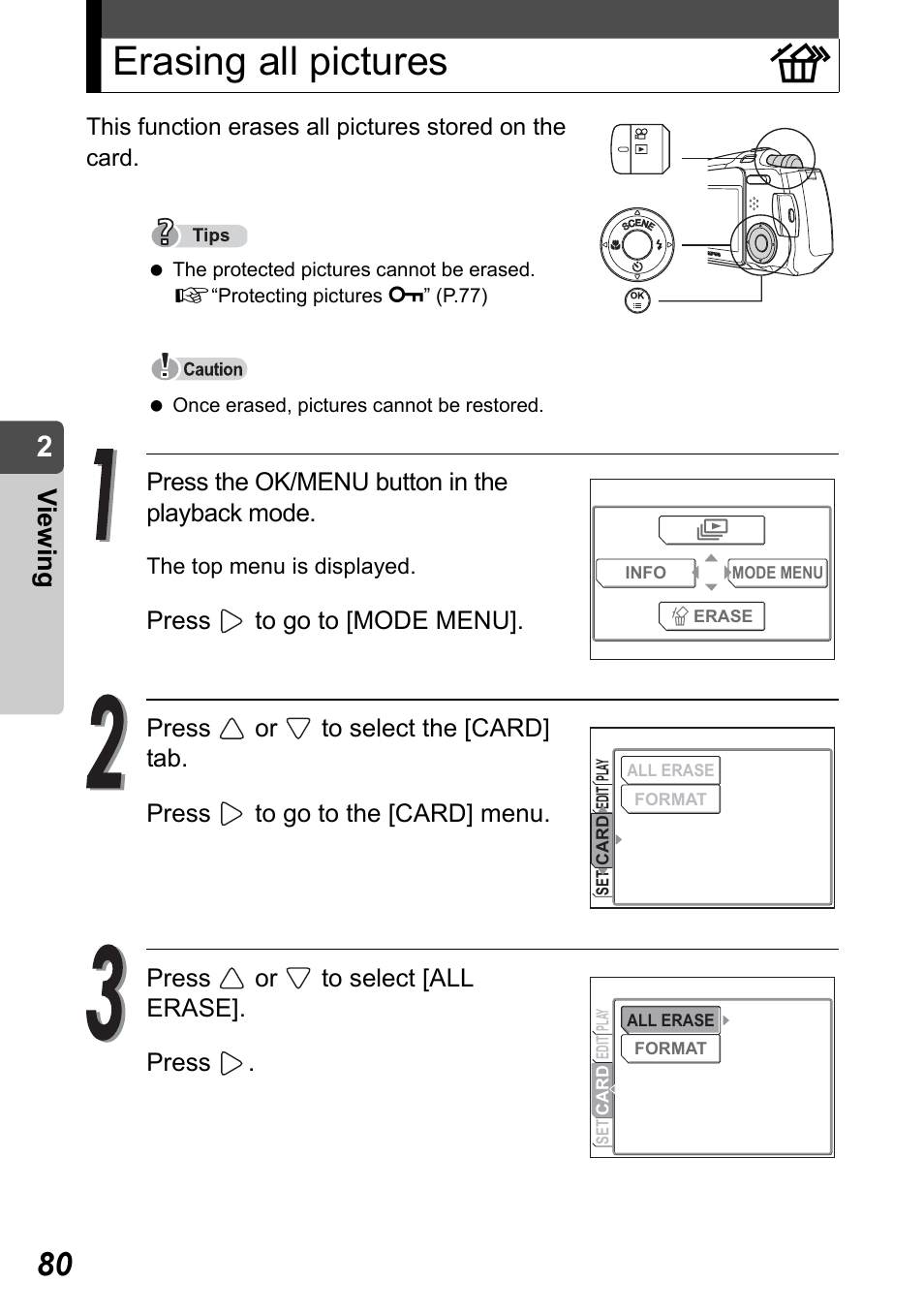 Erasing all pictures, Erasing all pictures r, Vi e w in g | Olympus Stylus Verve User Manual | Page 80 / 192