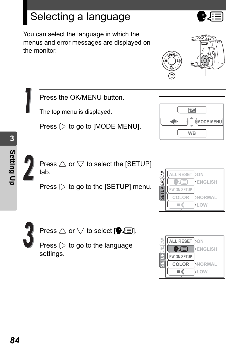 Selecting a language, Selecting a language w, Set ting up | Olympus Stylus Verve User Manual | Page 84 / 192