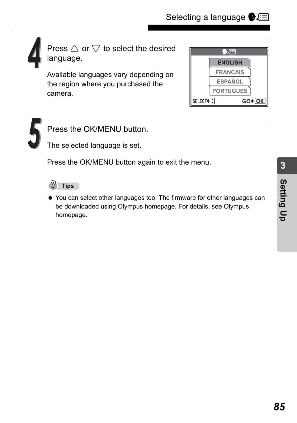 Selecting a language w, Set ting up | Olympus Stylus Verve User Manual | Page 85 / 192
